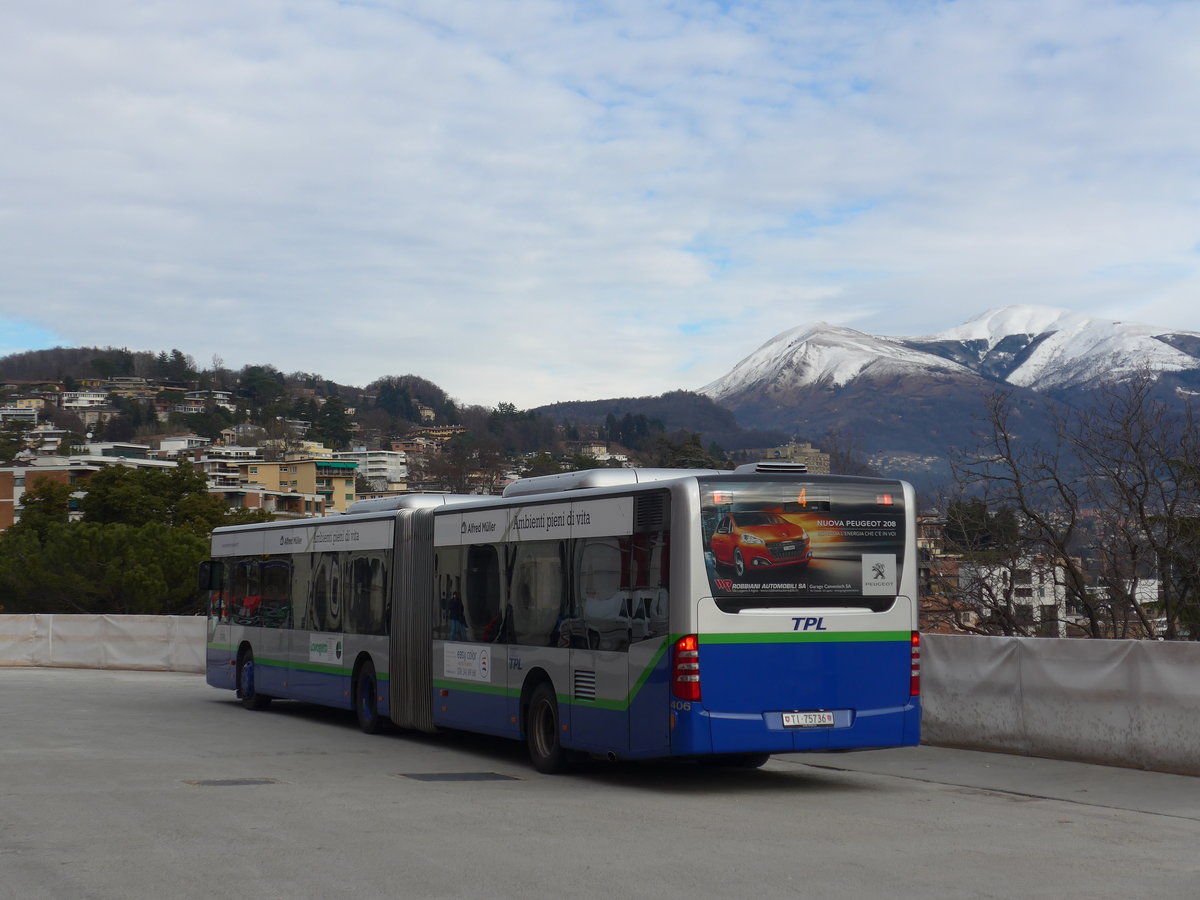 (178'272) - TPL Lugano - Nr. 406/TI 75'736 - Mercedes am 7. Februar 2017 beim Bahnhof Lugano