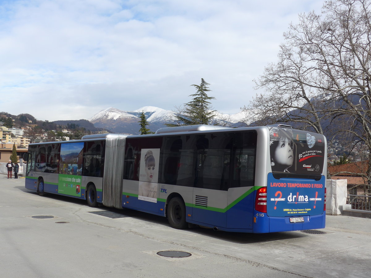 (178'345) - TPL Lugano - Nr. 416/TI 140'782 - Mercedes am 7. Februar 2017 beim Bahnhof Lugano
