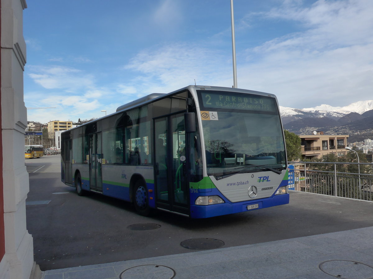(178'347) - TPL Lugano - Nr. 314/TI 309'391 - Mercedes (ex Nr. 13) am 7. Februar 2017 beim Bahnhof Lugano