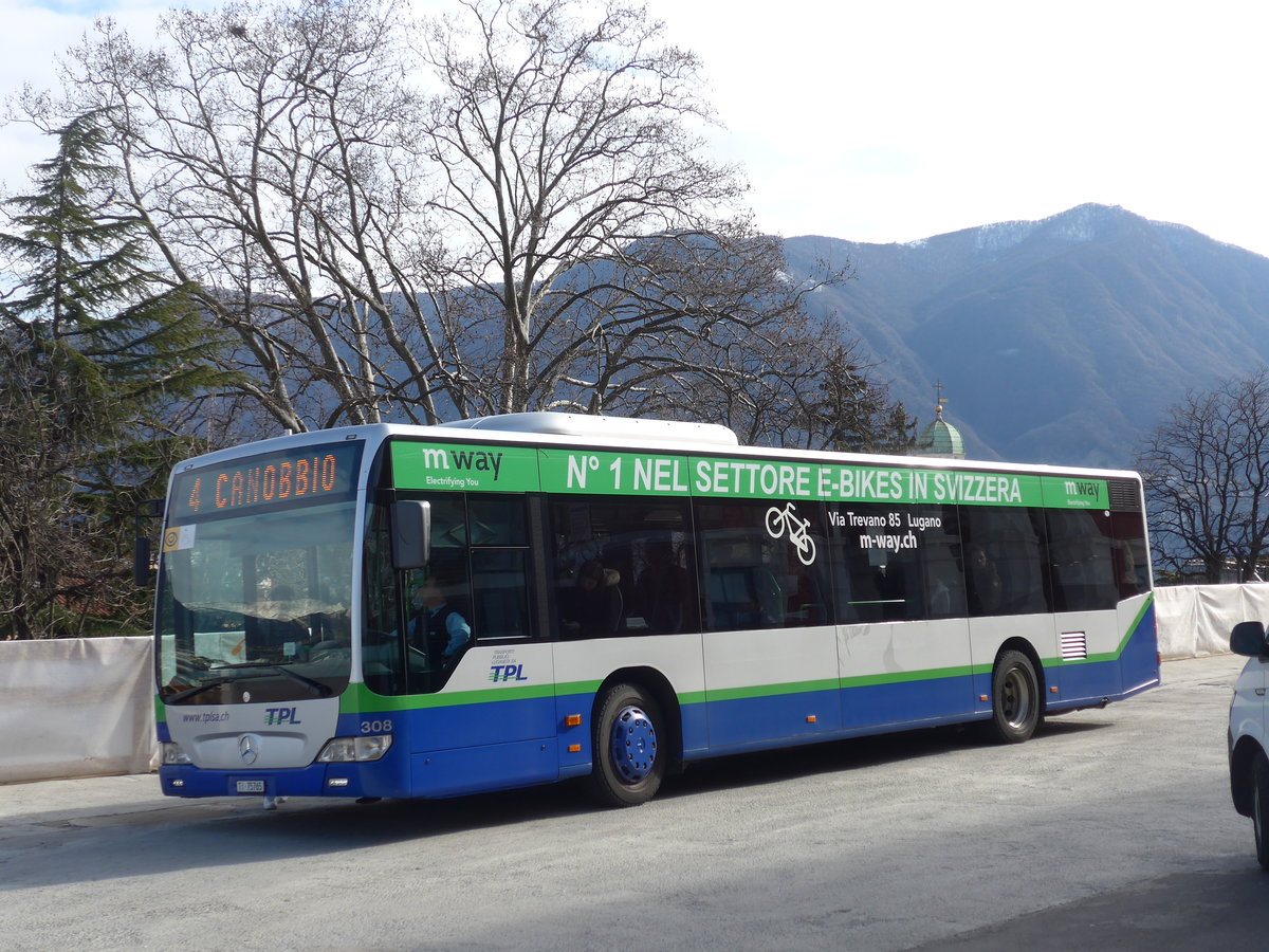 (178'348) - TPL Lugano - Nr. 308/TI 75'765 - Mercedes am 7. Februar 2017 beim Bahnhof Lugano
