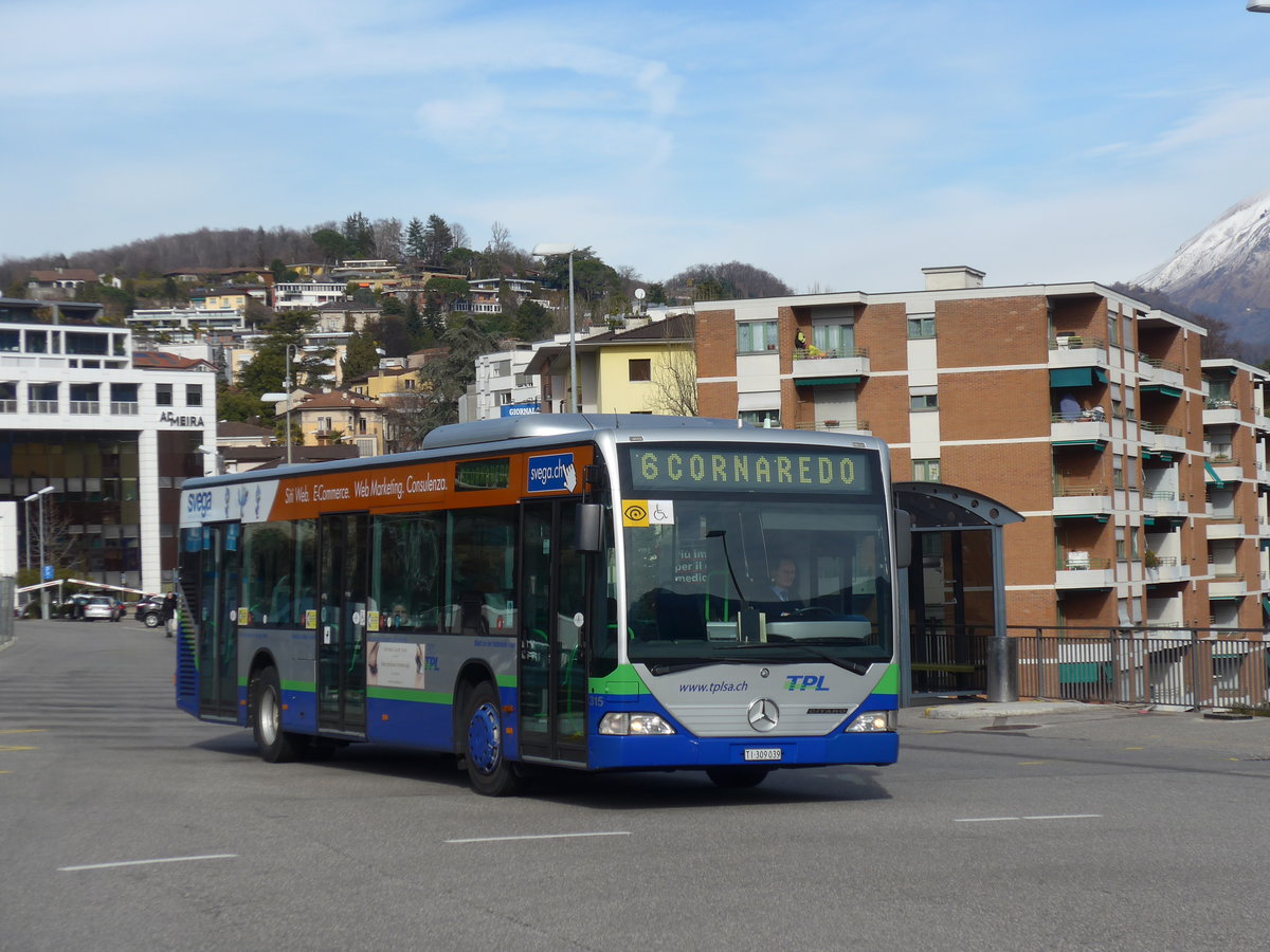 (178'356) - TPL Lugano - Nr. 315/TI 309'039 - Mercedes (ex Nr. 14) am 7. Februar 2017 beim Bahnhof Lugano