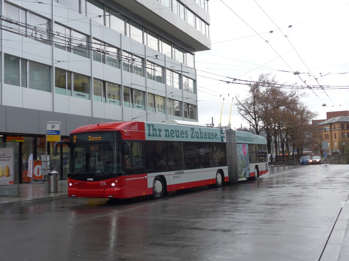 (178'534) - SW Winterthur - Nr. 124 - Hess/Hess Gelenktrolleybus am 17. Februar 2017 in Winterthur, Museumstrasse/HB
