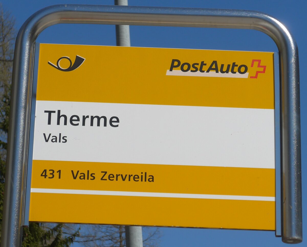 (179'554) - PostAuto-Haltestellenschild - Vals, Therme - am 14. April 2017