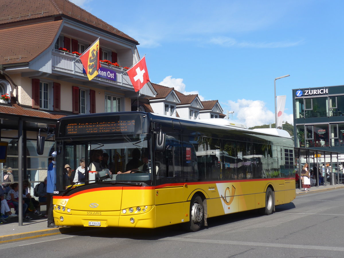 (184'644) - PostAuto Bern - BE 836'434 - Solaris (ex Nr. 581) am 3. September 2017 beim Bahnhof Interlaken Ost