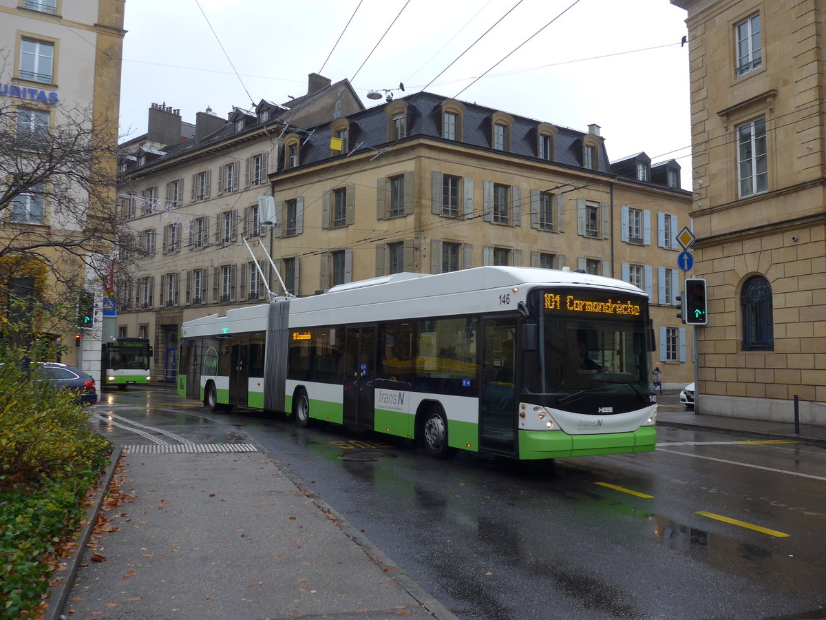 (186'617) - transN, La Chaux-de-Fonds - Nr. 146 - Hess/Hess Gelenktrolleybus (ex TN Neuchtel Nr. 146) am 25. November 2017 in Neuchtel, Place Pury