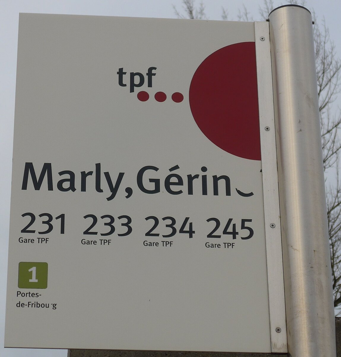 (186'706) - tpf-Haltestellenschild - Marly, Grin - am 27. November 2017