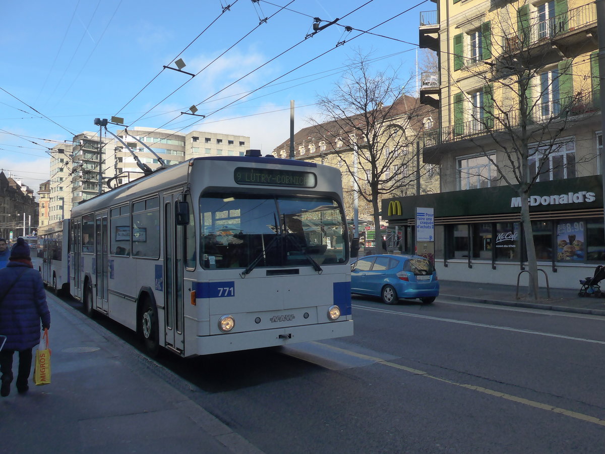 (187'138) - TL Lausanne - Nr. 771 - NAW/Lauber Trolleybus am 23. Dezember 2017 in Lausanne, Chauderon