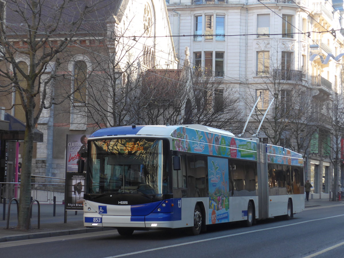 (187'155) - TL Lausanne - Nr. 853 - Hess/Hess Gelenktrolleybus am 23. Dezember 2017 in Lausanne, Chauderon