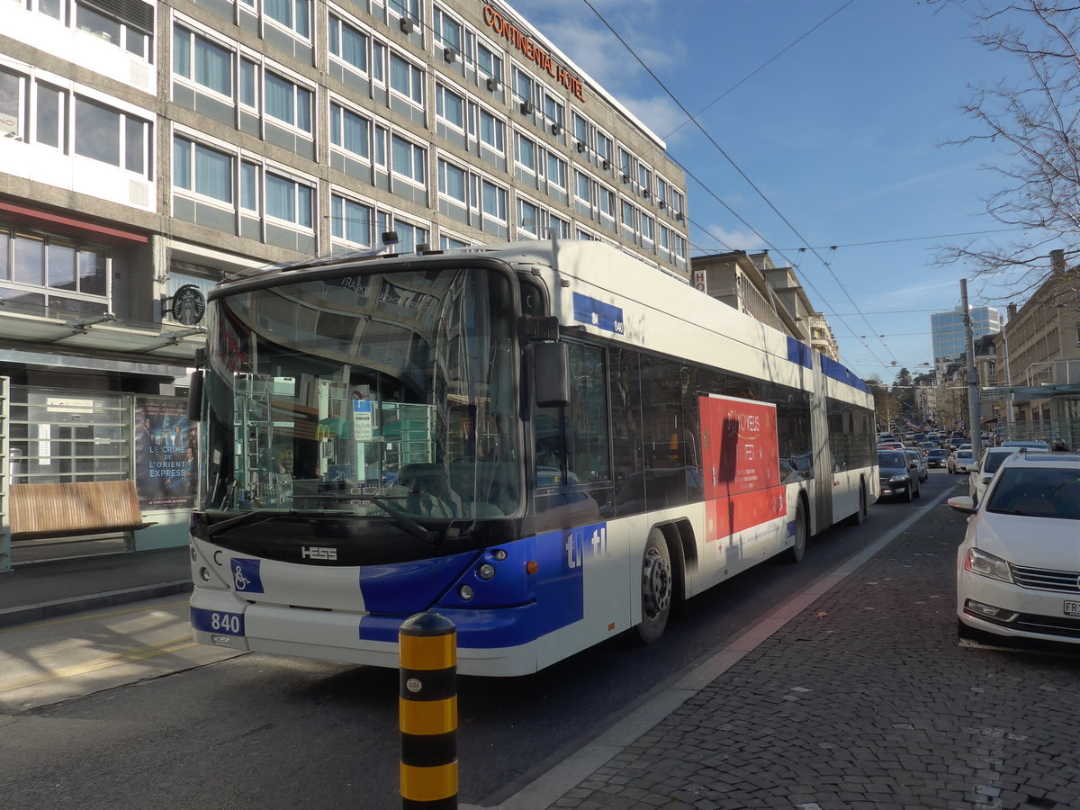 (187'194) - TL Lausanne - Nr. 840 - Hess/Hess Gelenktrolleybus am 23. Dezember 2017 beim Bahnhof Lausanne