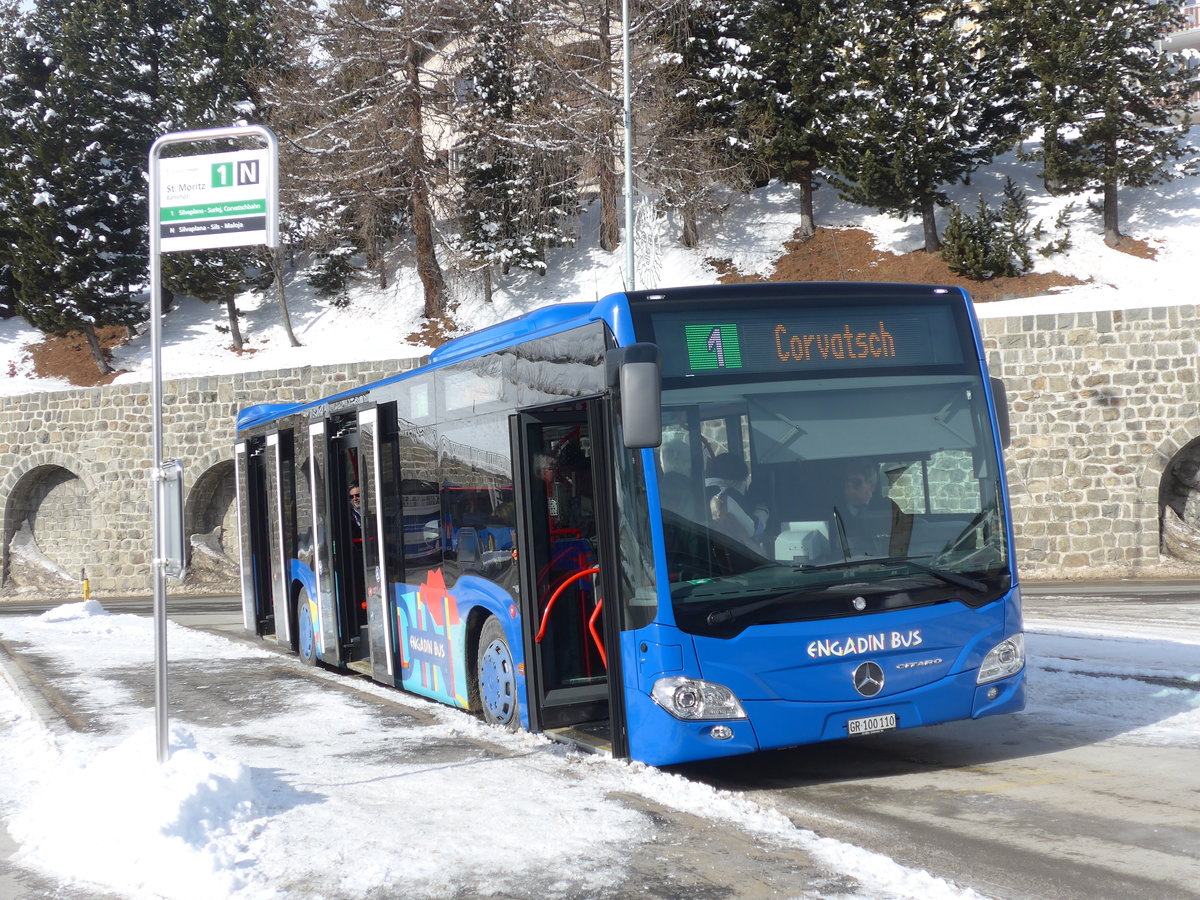 (188'112) - SBC Chur - Nr. 110/GR 100'110 - Mercedes am 3. Februar 2018 beim Bahnhof St. Moritz