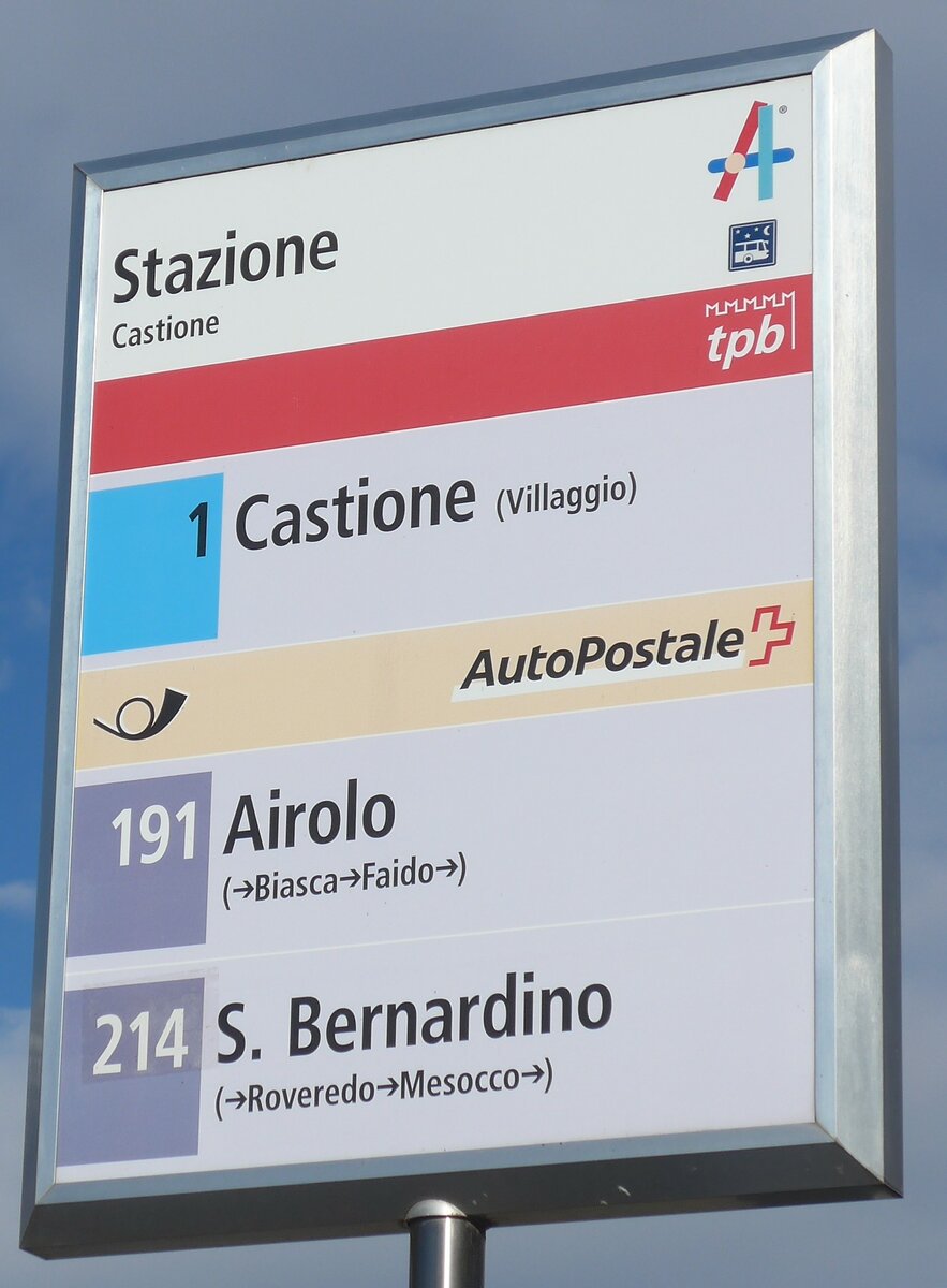 (188'576) - tpb/PostAuto-Haltestellenschild - Castione, Stazione - am 14. Februar 2018