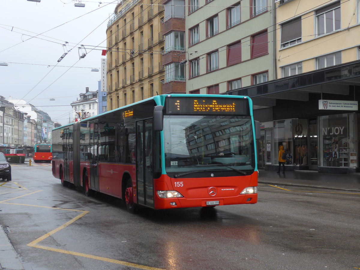 (188'715) - VB Biel - Nr. 155/BE 666'155 - Mercedes am 15. Februar 2018 beim Bahnhof Biel