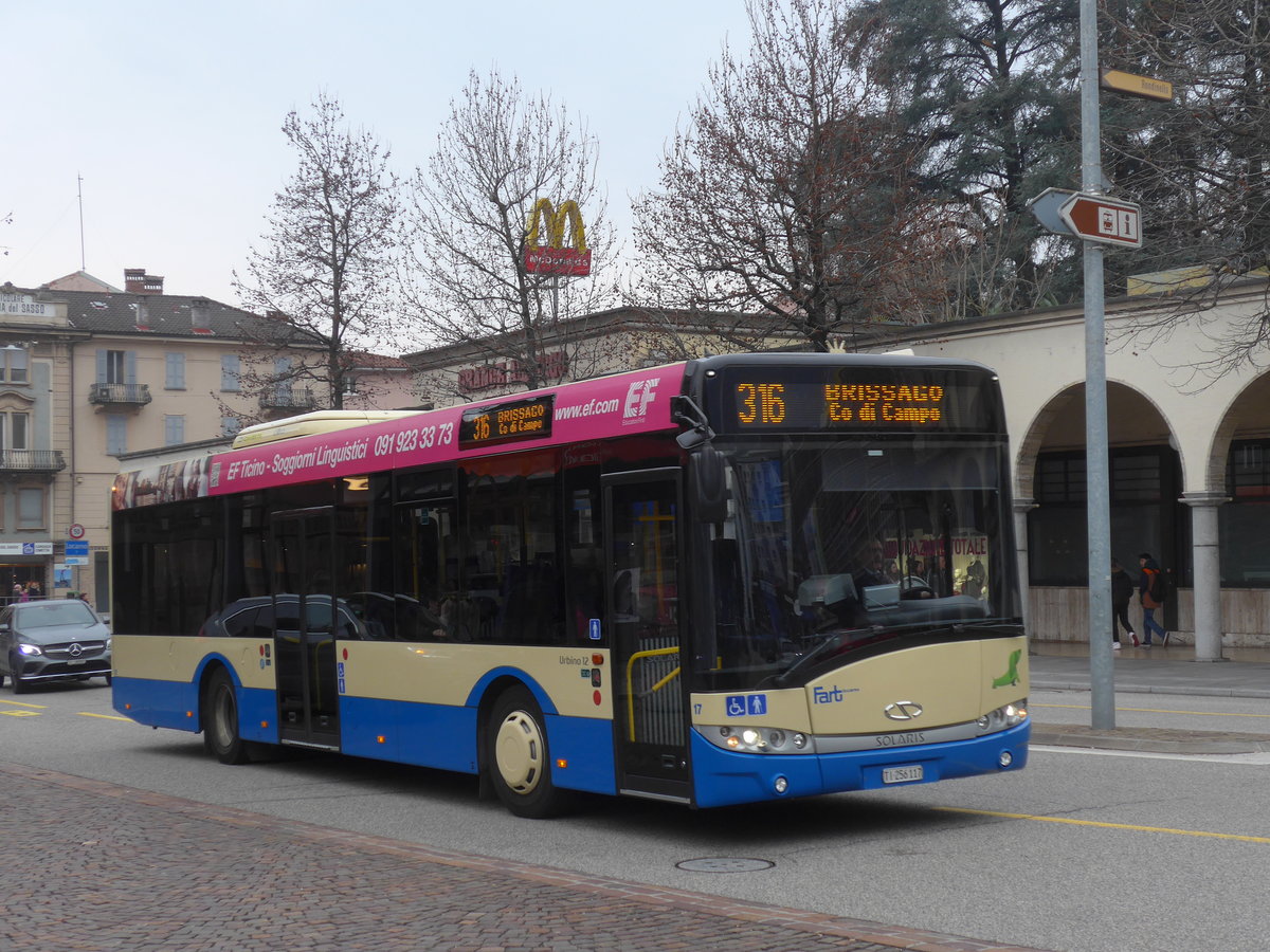 (188'836) - FART Locarno - Nr. 17/TI 256'117 - Solaris am 17. Februar 2018 beim Bahnhof Locarno