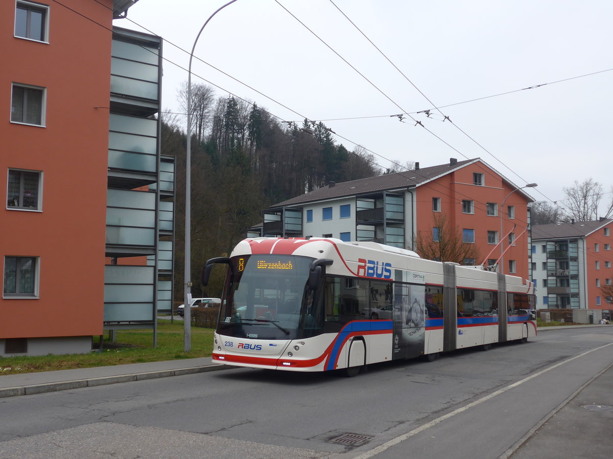 (189'360) - VBL Luzern - Nr. 238 - Hess/Hess Doppelgelenktrolleybus am 17. Mrz 2018 in Luzern, Wrzenbach