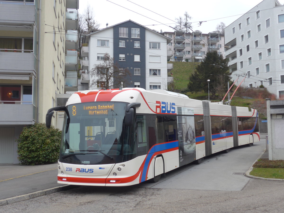 (189'361) - VBL Luzern - Nr. 238 - Hess/Hess Doppelgelenktrolleybus am 17. Mrz 2018 in Luzern, Wrzenbach