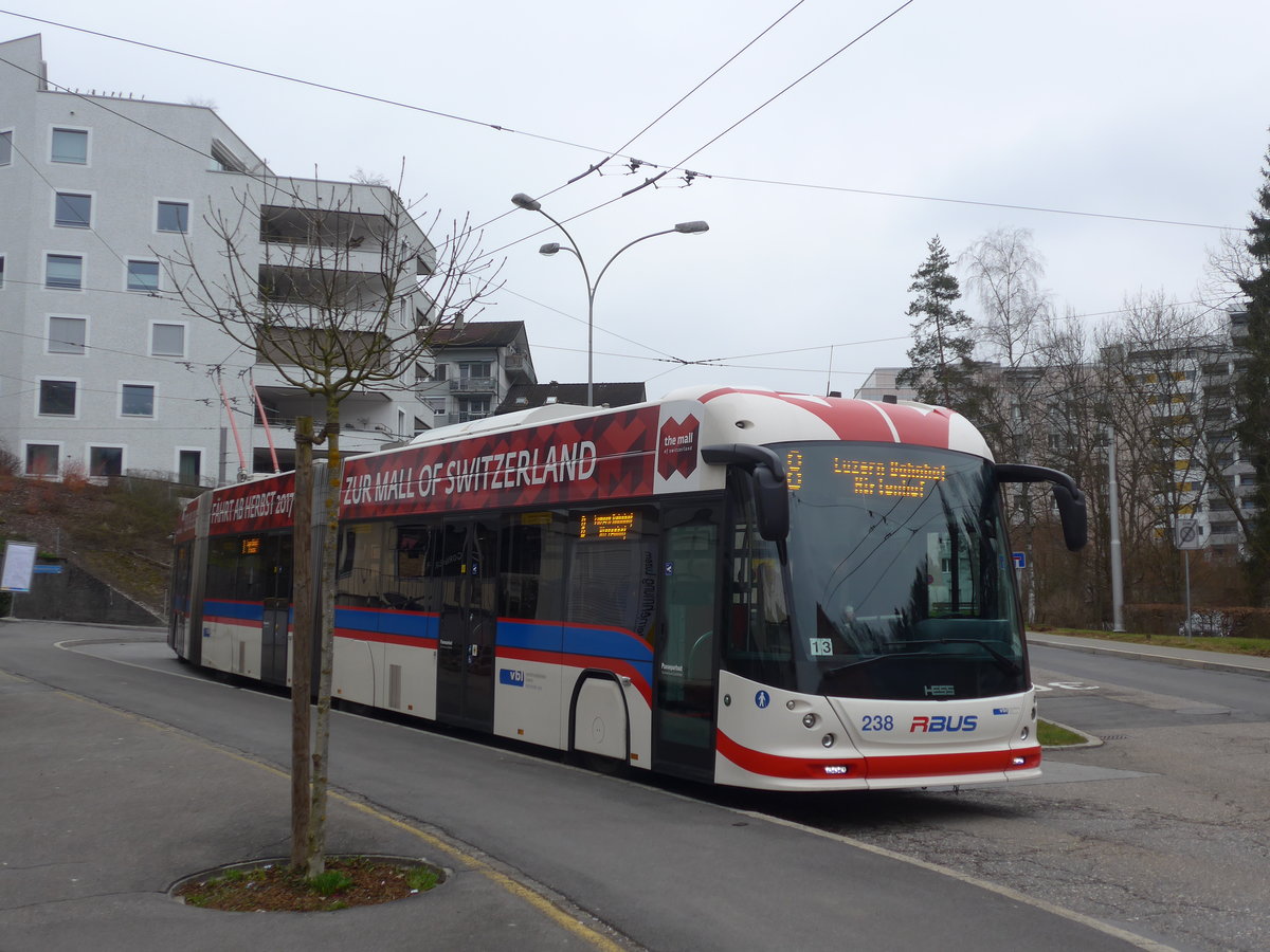 (189'362) - VBL Luzern - Nr. 238 - Hess/Hess Doppelgelenktrolleybus am 17. Mrz 2018 in Luzern, Wrzenbach
