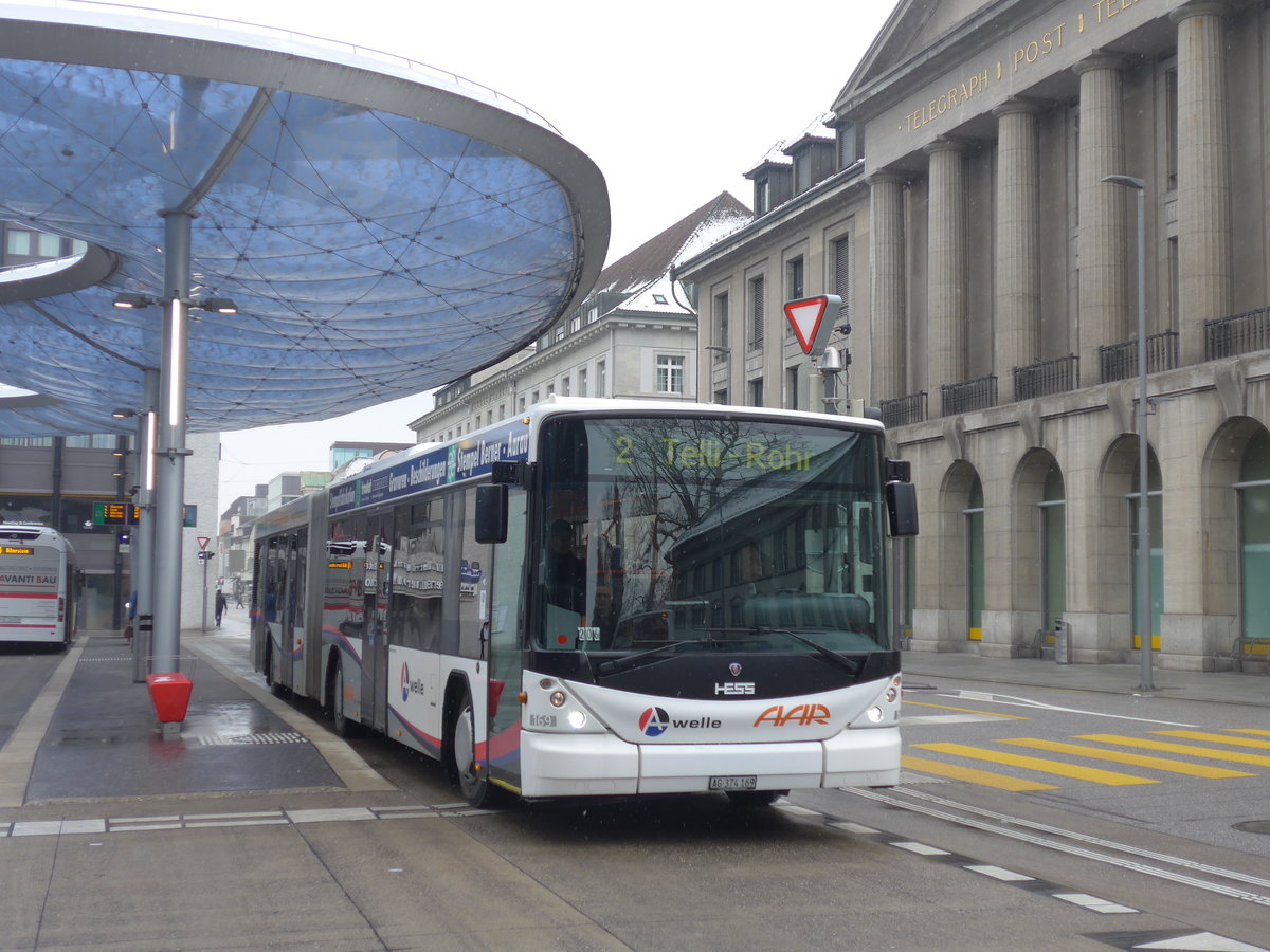 (189'477) - AAR bus+bahn, Aarau - Nr. 169/AG 374'169 - Scania/Hess am 19. Mrz 2018 beim Bahnhof Aarau