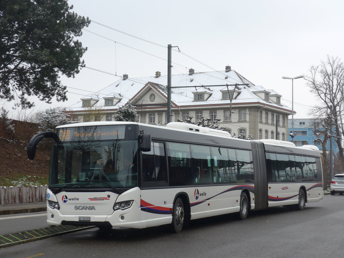 (189'503) - Limmat Bus, Dietikon - AG 380'805 - Scania am 19. Mrz 2018 beim Bahnhof Wohlen