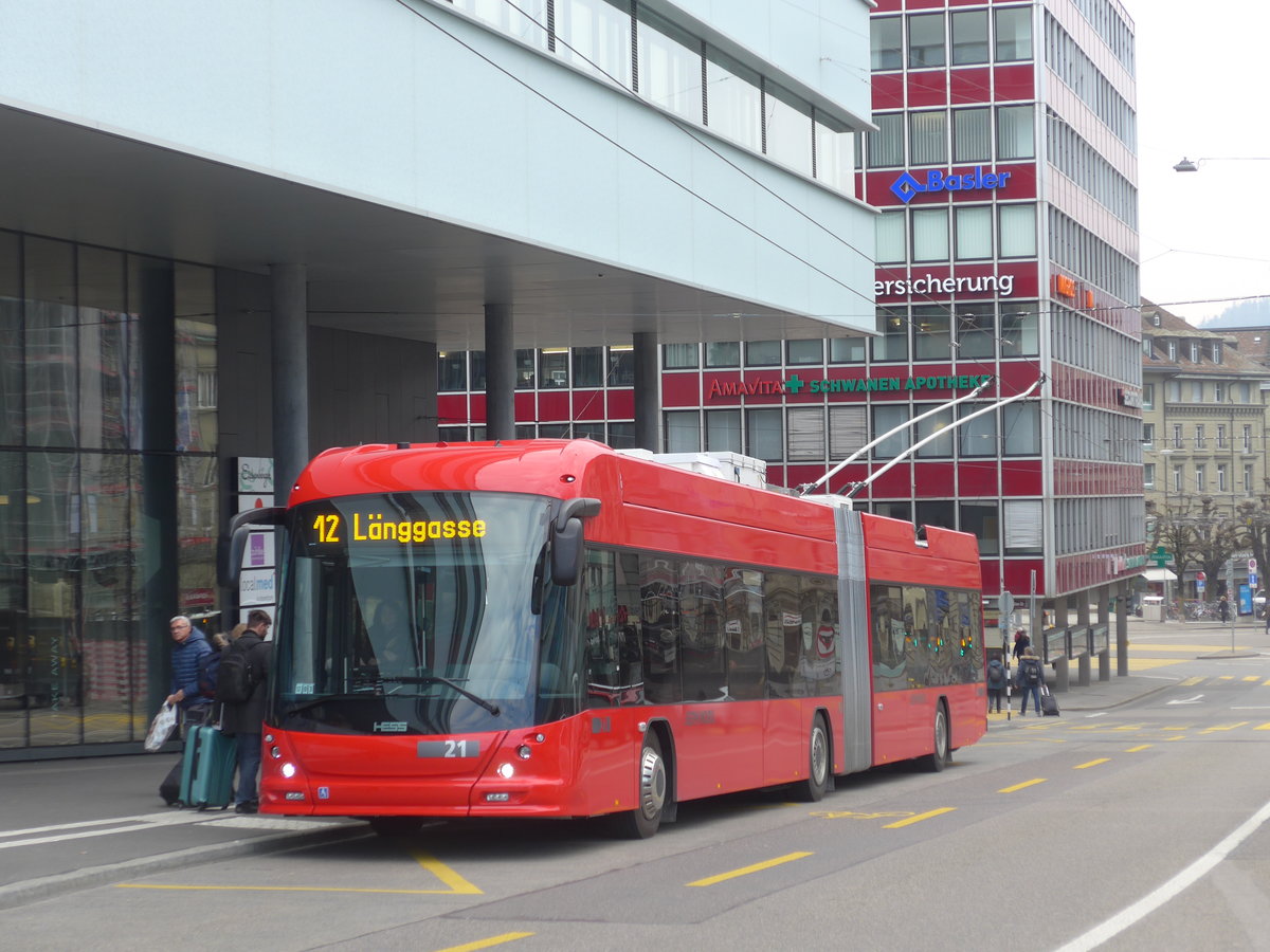 (189'615) - Bernmobil, Bern - Nr. 21 - Hess/Hess Gelenktrolleybus am 26. Mrz 2018 in Bern, Schanzenstrasse