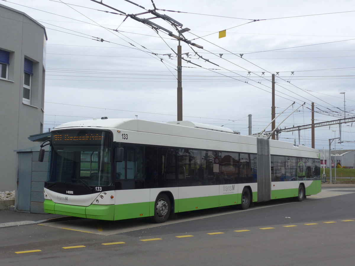 (189'989) - transN, La Chaux-de-Fonds - Nr. 133 - Hess/Hess Gelenktrolleybus (ex TN Neuchtel Nr. 133) am 2. April 2018 beim Bahnhof Marin-Epagnier