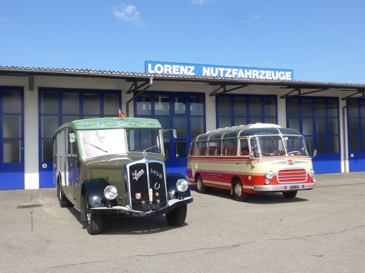 (190'047) - Lorenz, Lyssach - Saurer/Saurer (ex Geiger, Adelboden Nr. 8; ex P 1997) + Setra (ex Badertscher, Bern) am 7. April 2018 in Lyssach, Garage