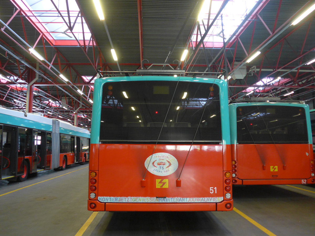 (192'843) - VB Biel - Nr. 51 - Hess/Hess Gelenktrolleybus am 6. Mai 2018 in Biel, Depot