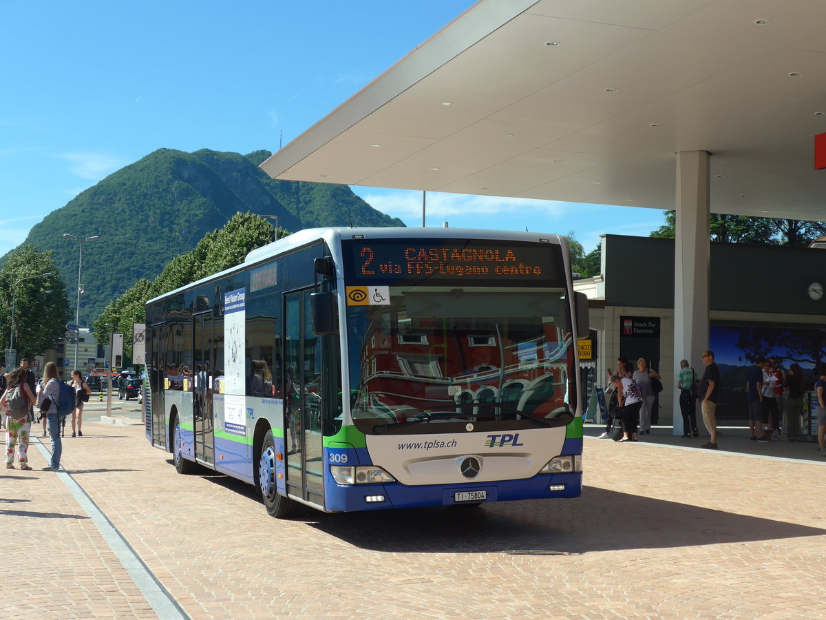 (193'797) - TPL Lugano - Nr. 309/TI 75'804 - Mercedes am 9. Juni 2018 beim Bahnhof Lugano