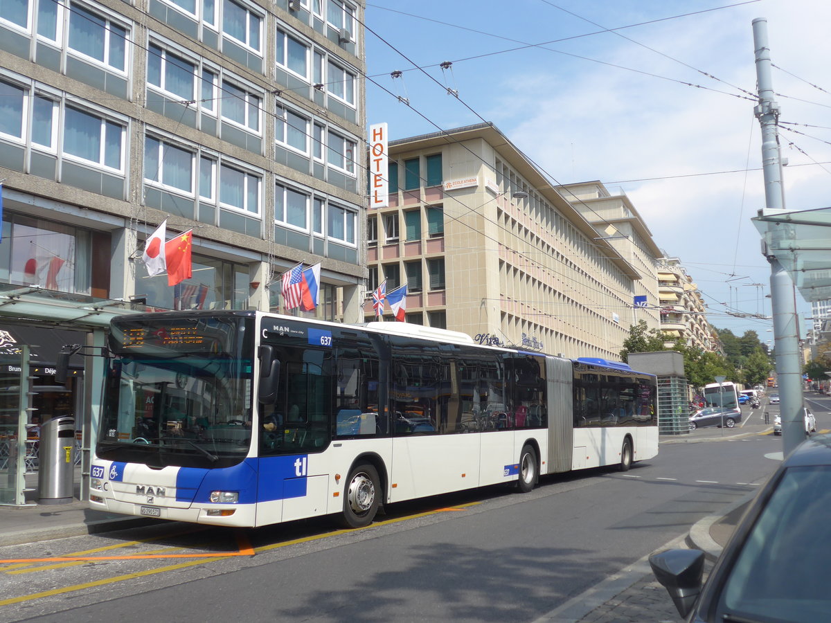(195'732) - TL Lausanne - Nr. 637/VD 290'571 - MAN am 6. August 2018 beim Bahnhof Lausanne