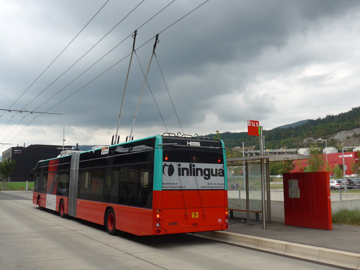 (196'487) - VB Biel - Nr. 91 - Hess/Hess Gelenktrolleybus am 3. September 2018 in Biel, Stadien
