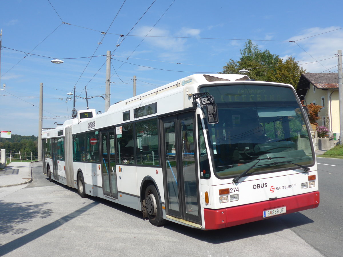 (197'212) - OBUS Salzburg - Nr. 274/S 369 JF - Van Hool Gelenktrolleybus (ex Nr. 0374) am 13. September 2018 in Mayrwies, Daxluegstrasse