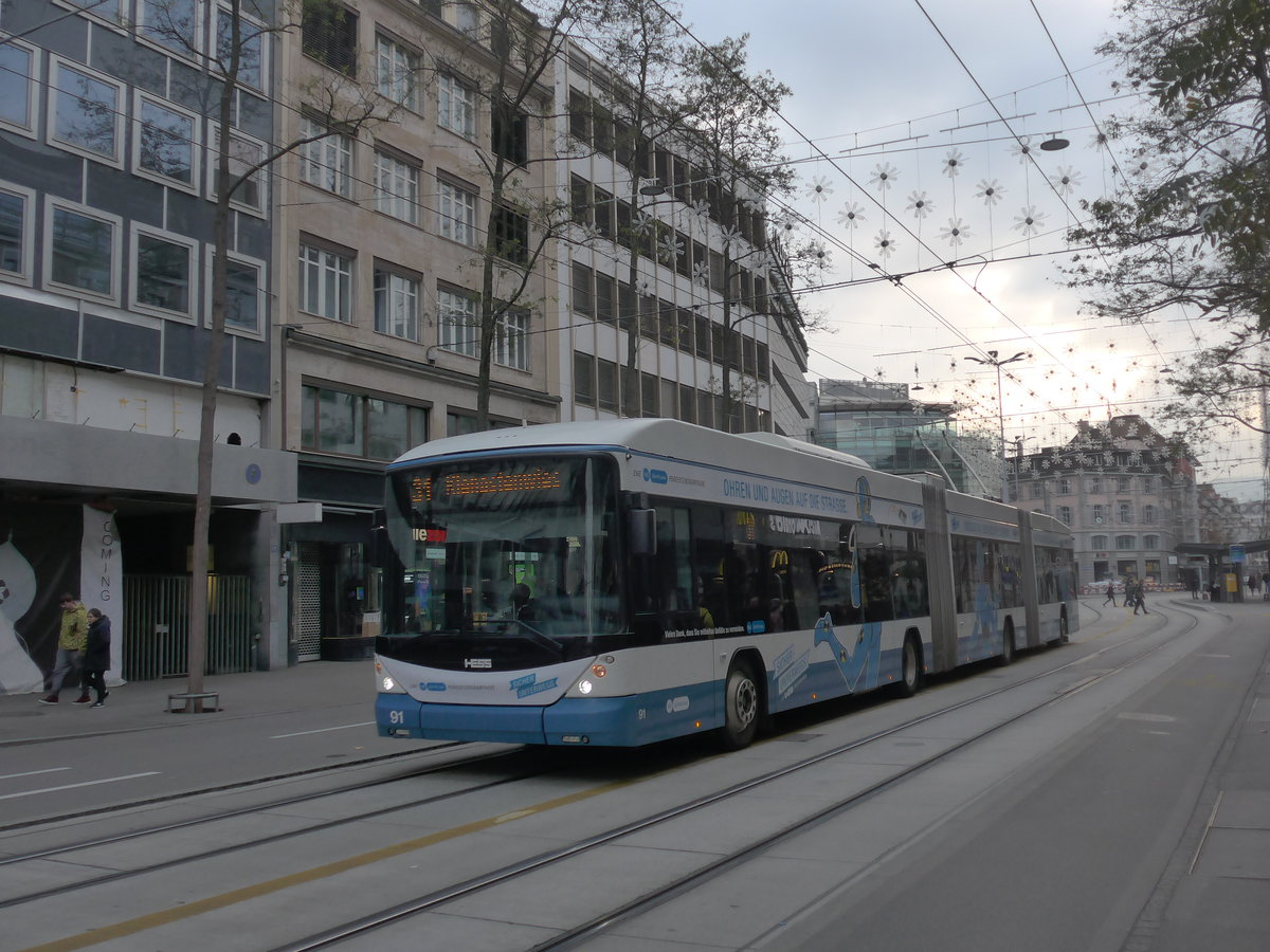 (199'441) - VBZ Zrich - Nr. 91 - Hess/Hess Doppelgelenktrolleybus am 18. November 2018 in Zrich, Lwenstrasse