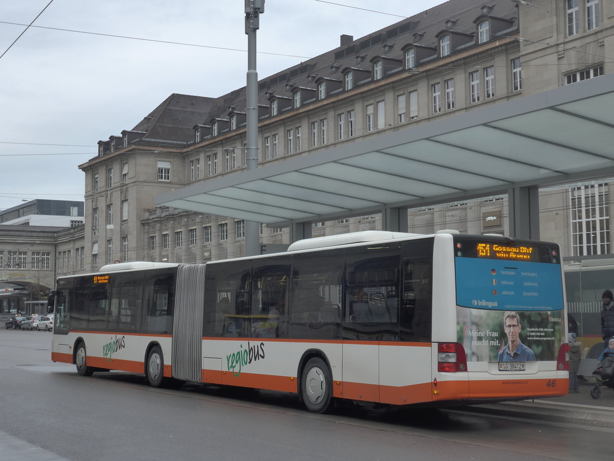 (199'514) - Regiobus, Gossau - Nr. 46/SG 38'472 - MAN am 24. November 2018 beim Bahnhof St. Gallen