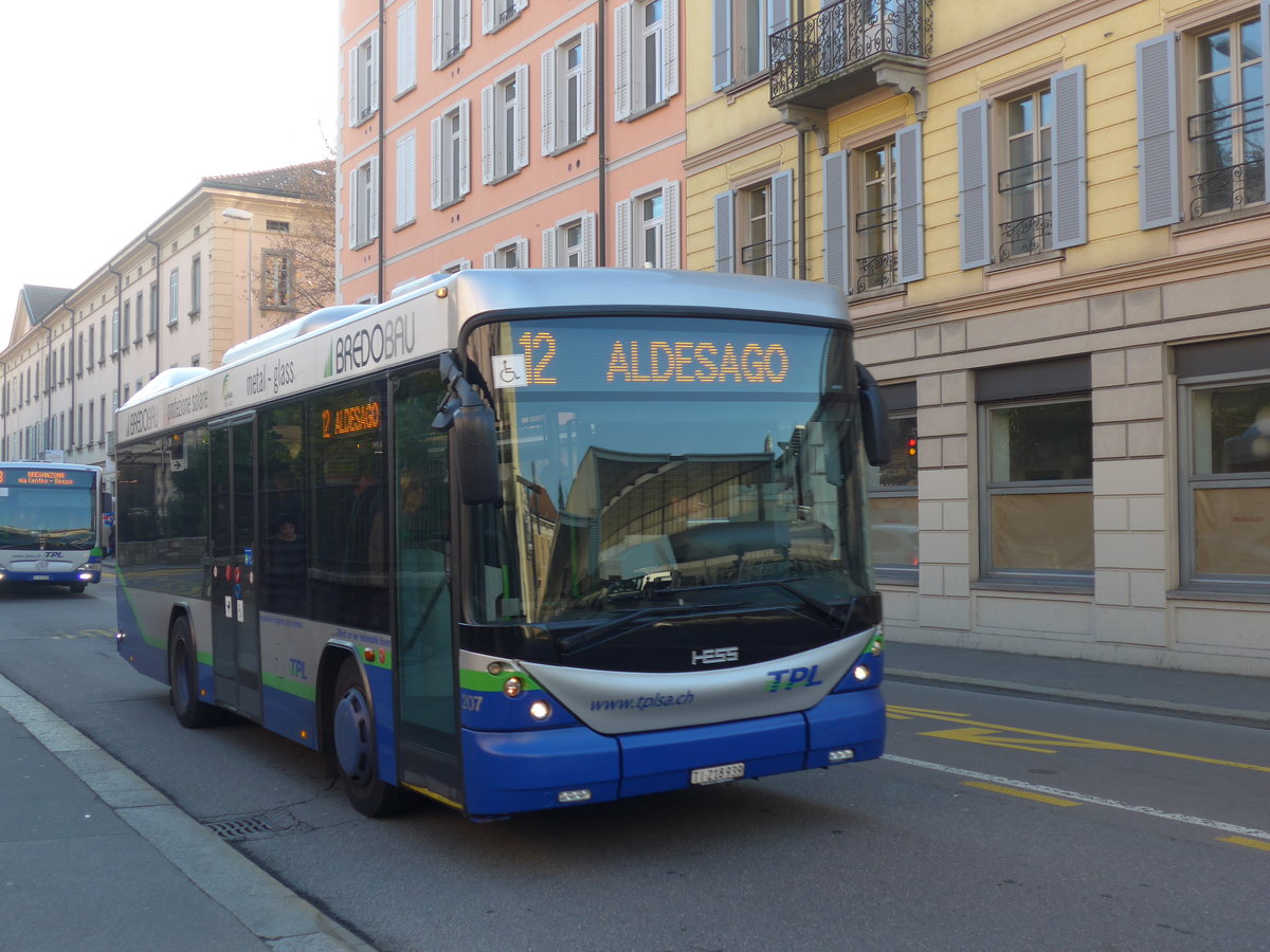 (199'665) - TPL Lugano - Nr. 207/TI 218'939 - Scania/Hess am 7. Dezember 2018 in Lugano, Centro