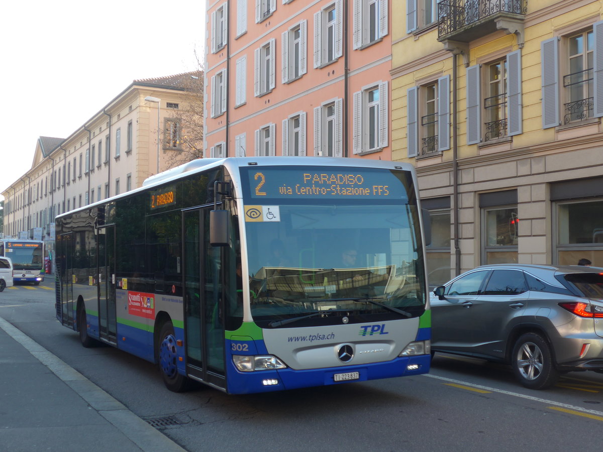 (199'700) - TPL Lugano - Nr. 302/TI 223'837 - Mercedes am 7. Dezember 2018 in Lugano, Centro