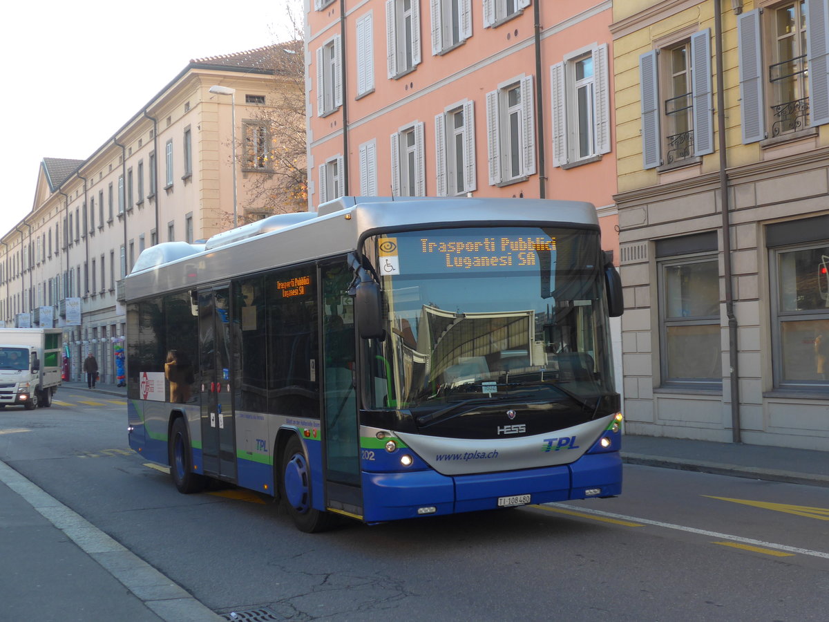(199'709) - TPL Lugano - Nr. 202/TI 108'480 - Scania/Hess am 7. Dezember 2018 in Lugano, Centro