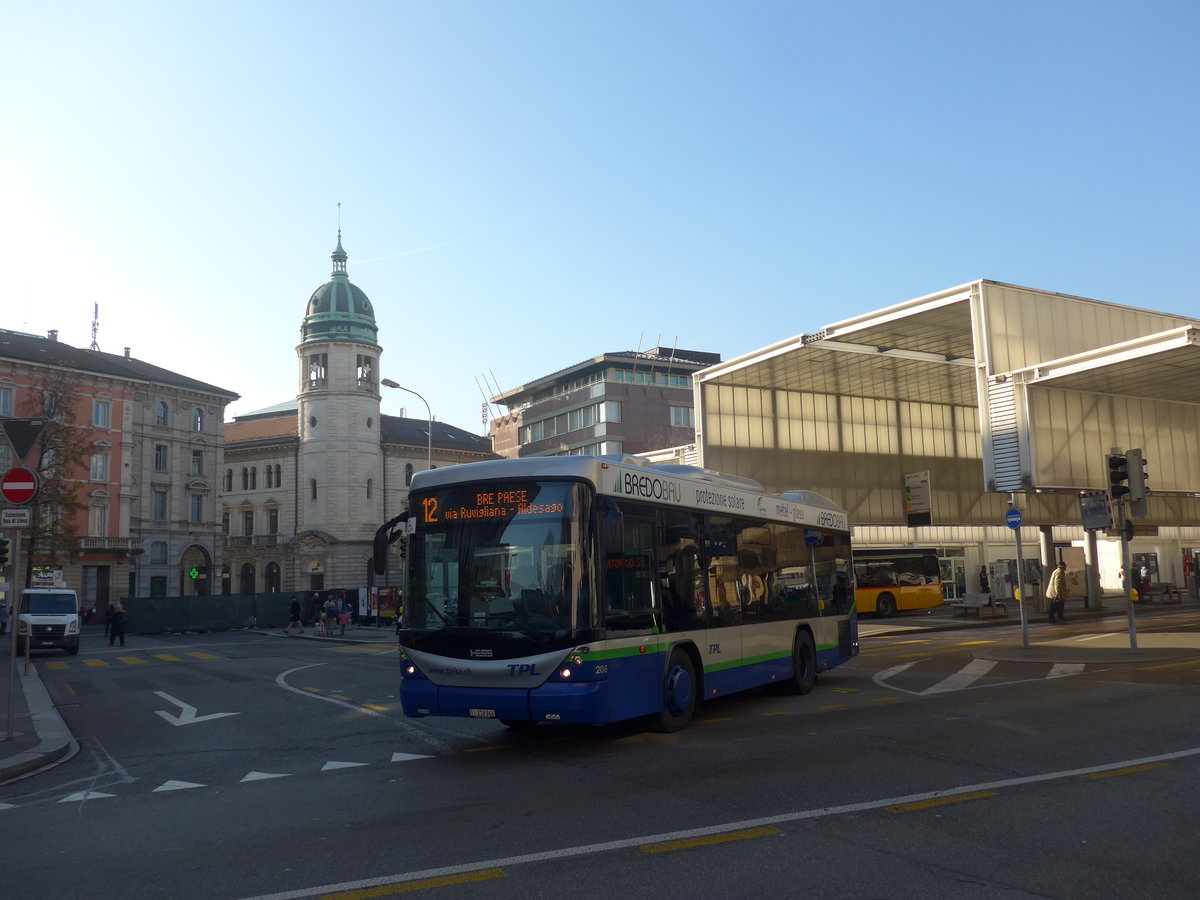 (199'710) - TPL Lugano - Nr. 208/TI 218'946 - Scania/Hess am 7. Dezember 2018 in Lugano, Centro