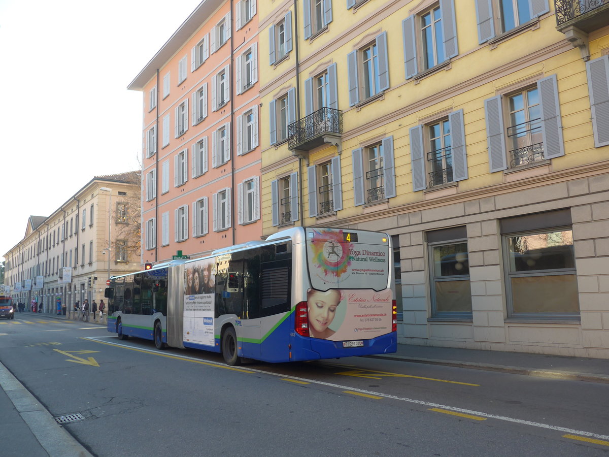 (199'715) - TPL Lugano - Nr. 443/TI 297'010 - Mercedes am 7. Dezember 2018 in Lugano, Centro