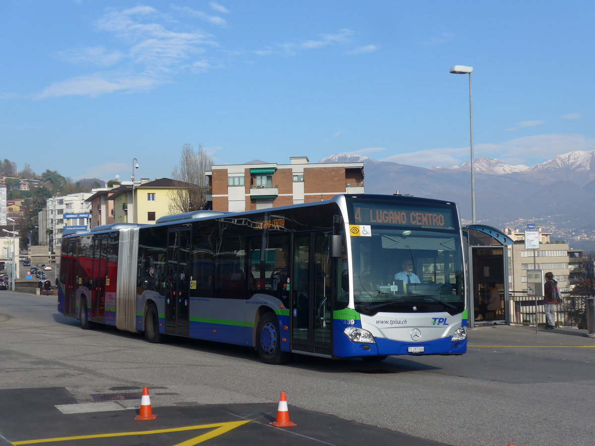(199'751) - TPL Lugano - Nr. 439/TI 297'006 - Mercedes am 7. Dezember 2018 beim Bahnhof Lugano