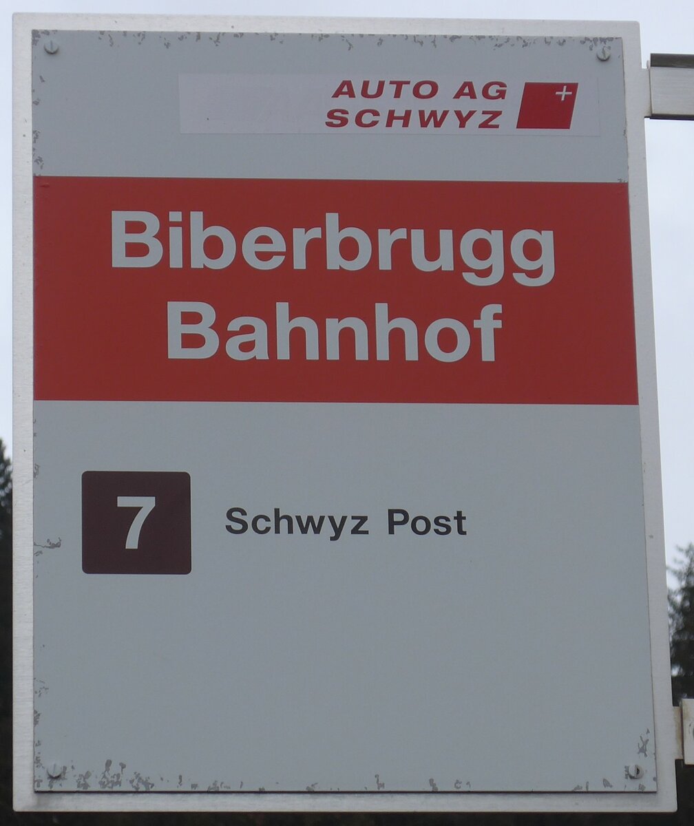 (199'817) - AUTO AG SCHWYZ-Haltestellenschild - Biberbrugg, Bahnhof - am 8. Dezember 2018