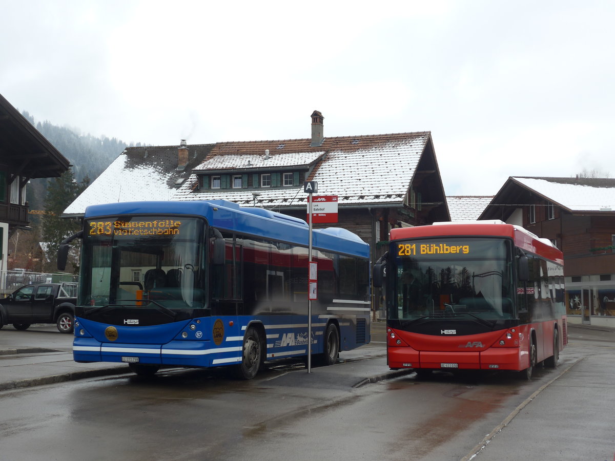 (200'635) - AFA Adelboden - Nr. 57/BE 272'798 + Nr. 56/BE 611'030 - Scania/Hess am 6. Januar 2019 beim Bahnhof Lenk