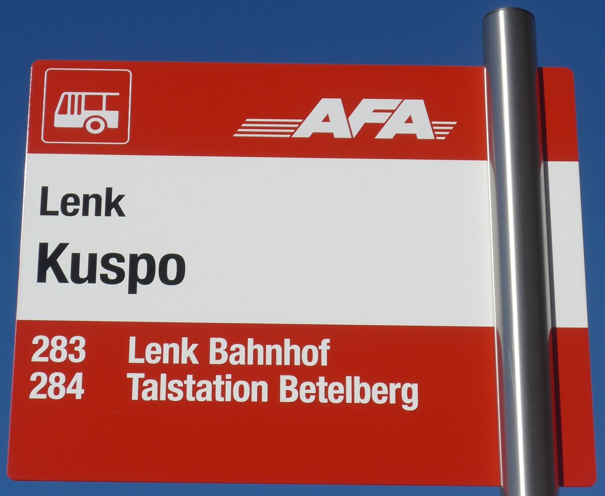 (201'680) - AFA-Haltestellenschild - Lenk, Kuspo - am 17. Februar 2019