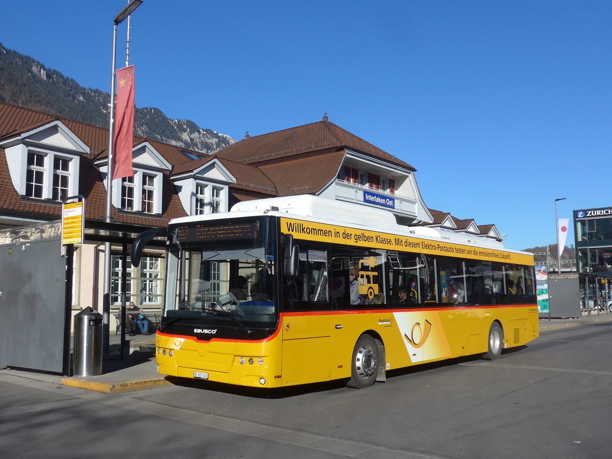 (201'738) - PostAuto Bern - BE 827'645 - Ebusco am 18. Februar 2019 beim Bahnhof Interlaken Ost