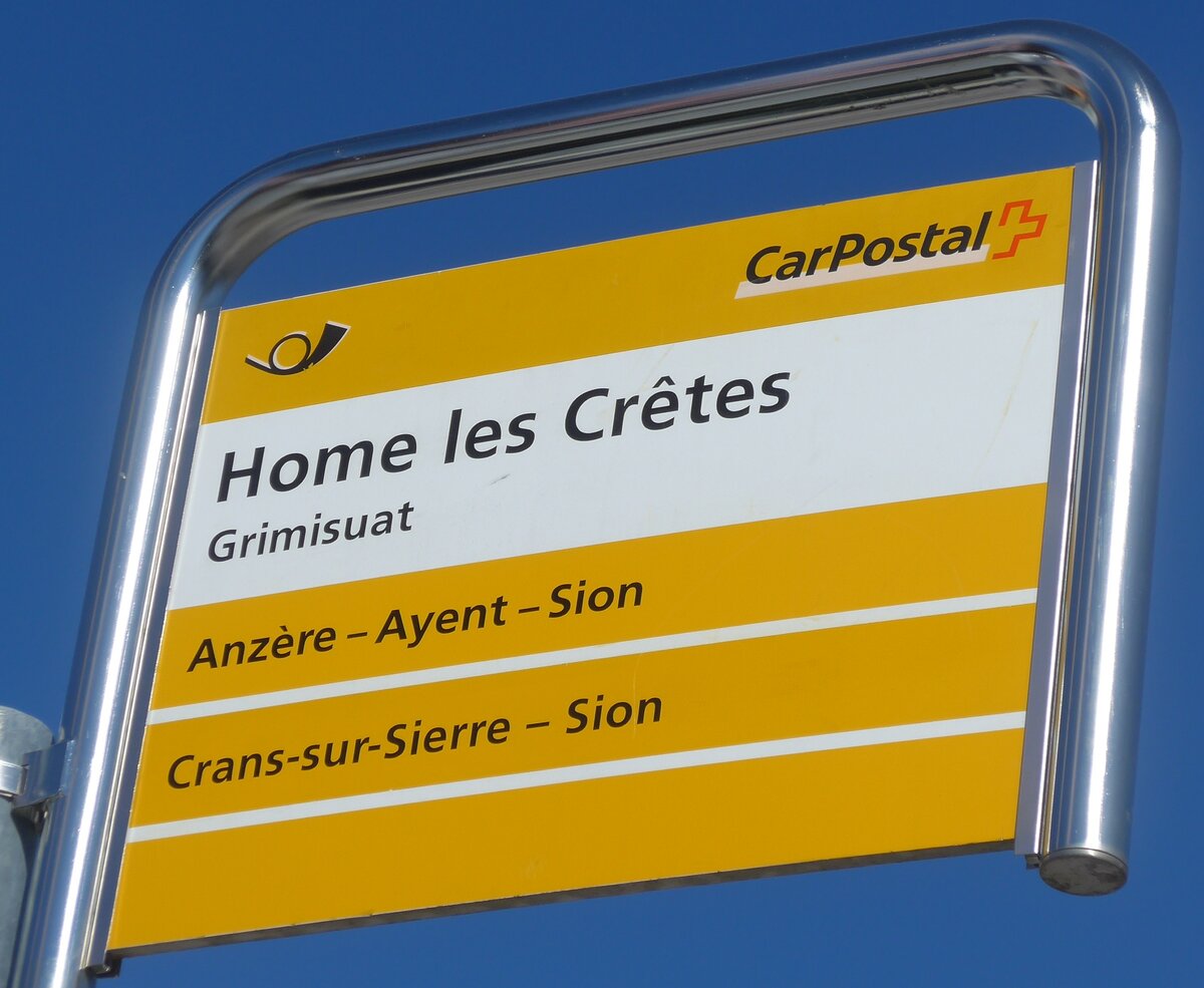 (201'771) - PostAuto-Haltestellenschild - Grimisuat, Home les Crtes - am 24. Februar 2019