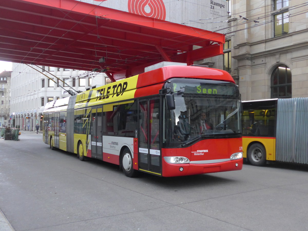 (202'002) - SW Winterthur - Nr. 179 - Solaris Gelenktrolleybus am 4. Mrz 2019 beim Hauptbahnhof Winterthur