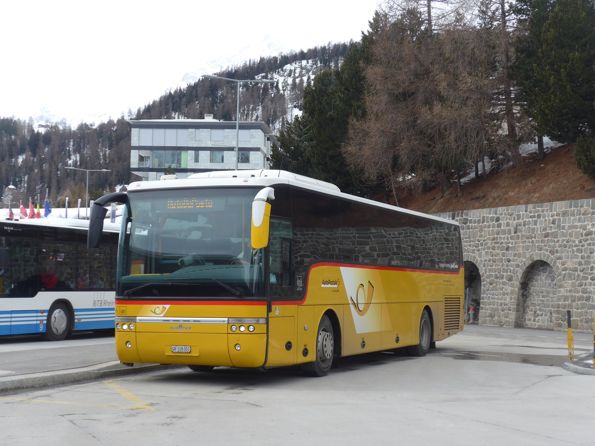 (202'044) - TpM, Mesocco - Nr. 1/GR 108'001 - Van Hool (ex Pacciarelli, Grono) am 10. Mrz 2019 beim Bahnhof St. Moritz