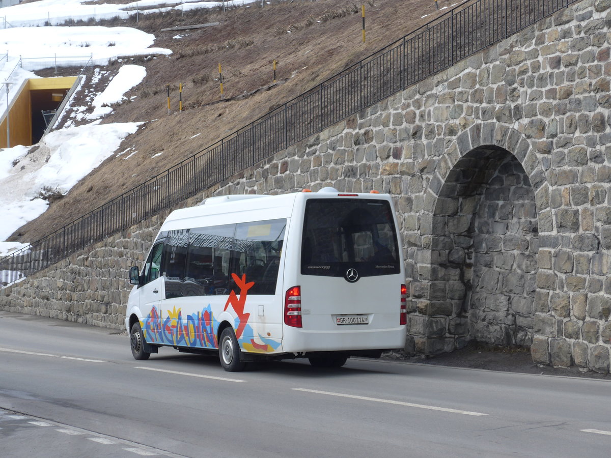 (202'070) - SBC Chur - Nr. 114/GR 100'114 - Mercedes (ex Vorfhrfahrzeug) am 10. Mrz 2019 beim Bahnhof St. Moritz