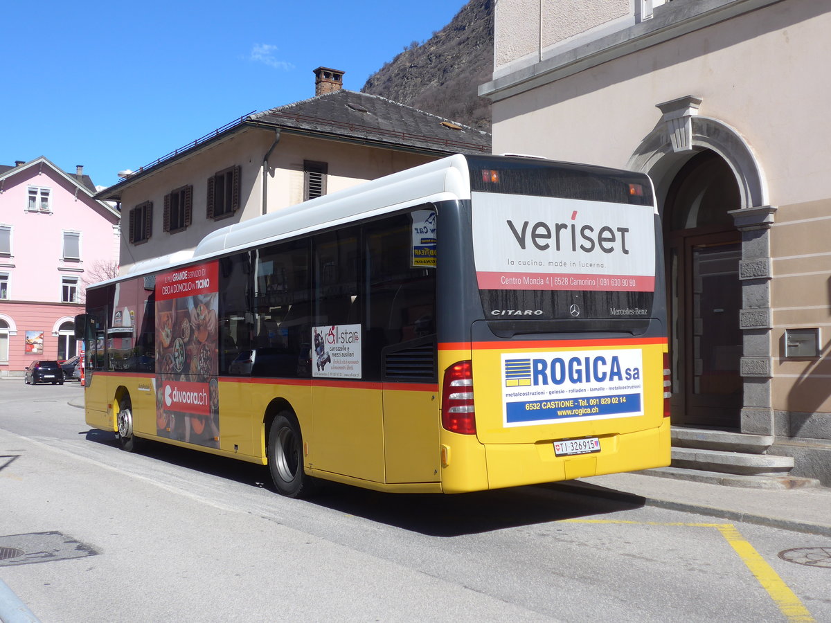 (202'577) - AutoPostale Ticino - TI 326'915 - Mercedes (ex Starnini, Tenero) am 19. Mrz 2019 beim Bahnhof Biasca