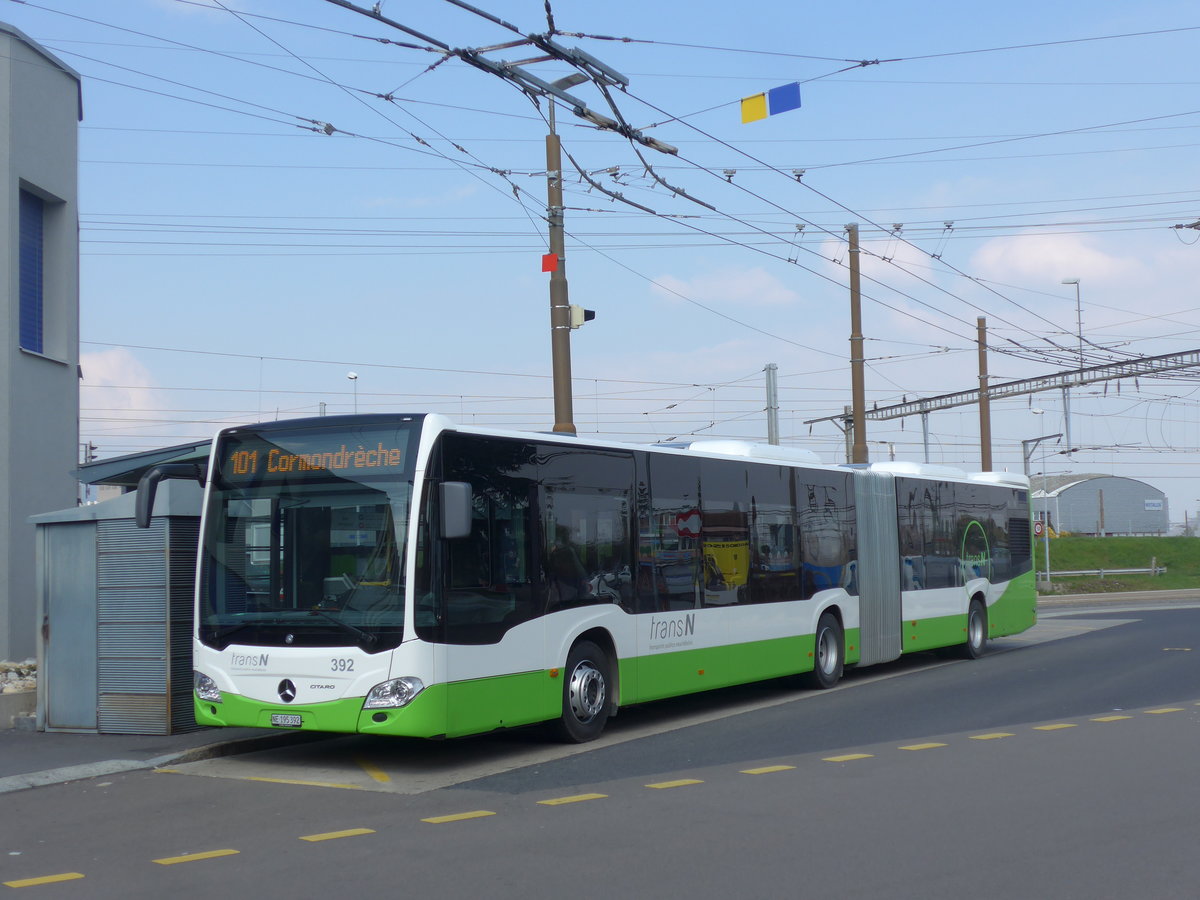 (203'633) - transN, La Chaux-de-Fonds - Nr. 392/NE 195'392 - Mercedes am 13. April 2019 beim Bahnhof Marin-pagnier