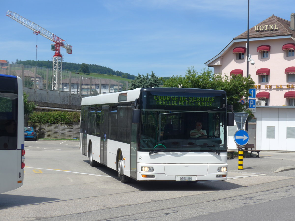(206'820) - Interbus, Yverdon - Nr. 60/VD 501'684 - MAN (ex transN, La Chaux-de-Fonds Nr. 205; ex TN Neuchtel Nr. 205) am 24. Juni 2019 beim Bahnhof Moudon