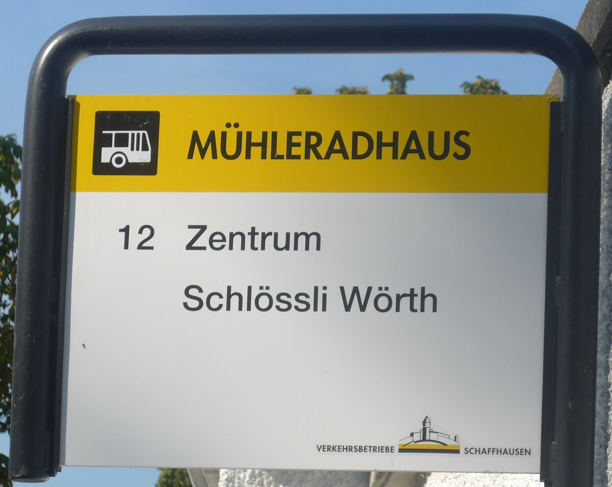 (209'556) - VERKEHRSBETRIEBE SCHAFFHAUSEN-Haltestellenschild - Neuhausen, Mhleradhaus - am 14. September 2019